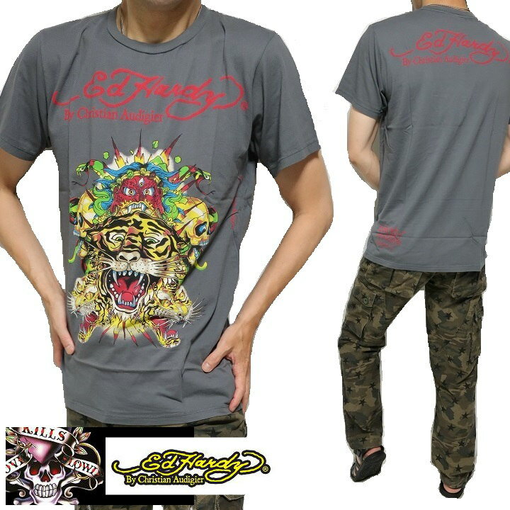 エドハーディー tシャツ ed hardy クリスチャンオードジェー Tシャツ メンズ 半袖 三つ目鬼/タイガー/虎/スカル/ドクロ エド・ハーディー チャコール S-L