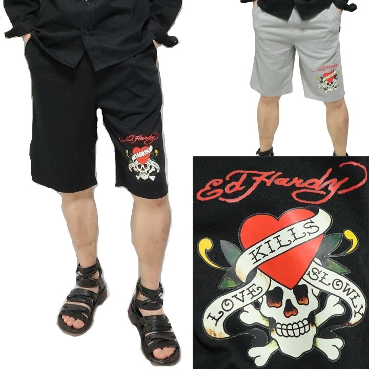 エドハーディー ed hardy ハーフパンツ スカル/ラブキル メンズ 薄手 ショートパンツ 大きいサイズ/ビッグサイズ エド・ハーディー ボトム サイズM-L-XL-XXL-3L-XXXL-4L 父の日 ギフト