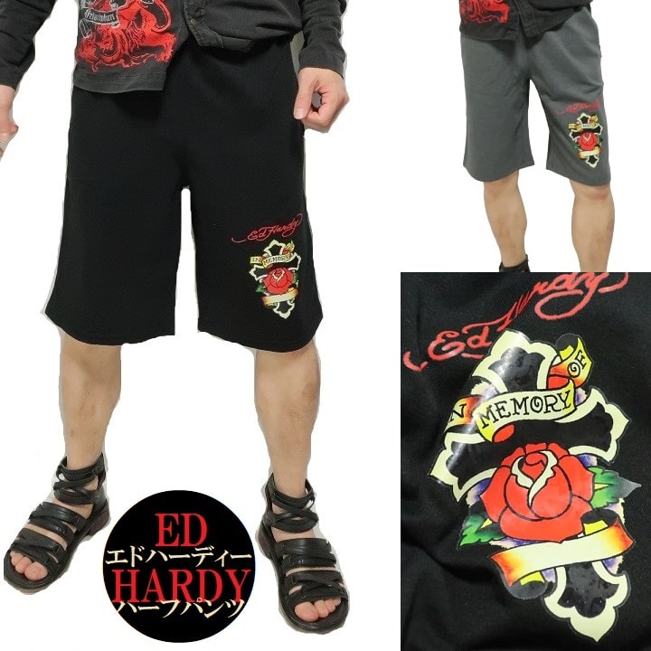 エドハーディー ed hardy ハーフパンツ 薔薇/ローズ/十字架 メンズ 薄手 ショートパンツ 大きいサイズ/ビッグサイズ エド・ハーディー ボトム サイズM-L-XL-XXL-3L-XXXL-4L 父の日 ギフト