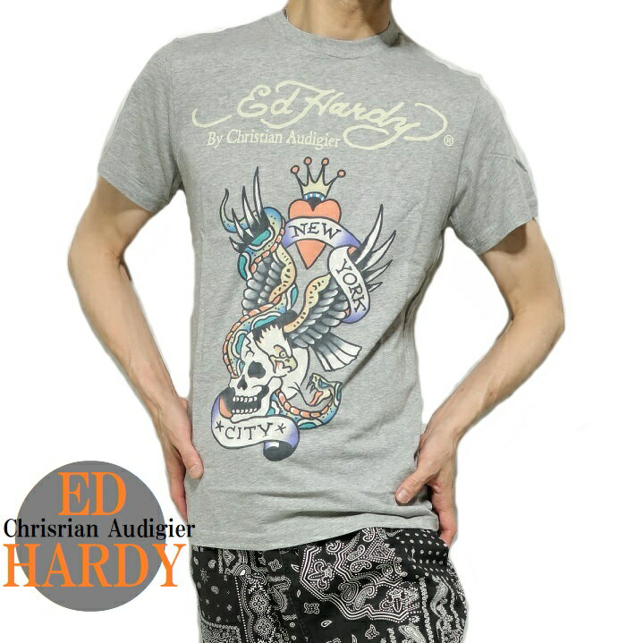 エドハーディー ed hardy Tシャツ メンズ ウイング スカルtシャツ スカル ドクロ tシャツ スネーク 蛇 半袖 カットソー グレー サイズS ギフト MADE IN USA