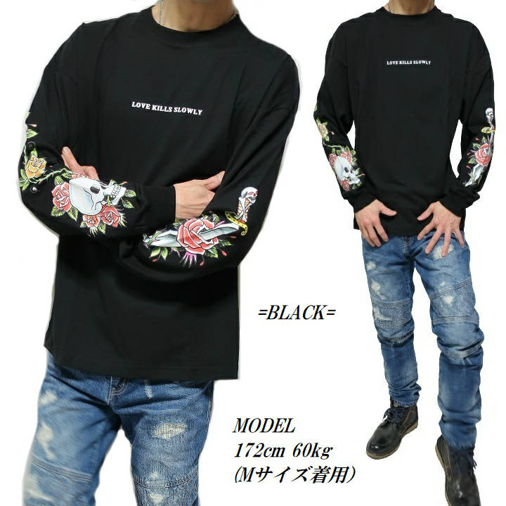 ed hardy エドハーディー スカル ドクロ tシャツ スカルtシャツ Tシャツ ロンT メンズ オーバーサイズ 薔薇スカル/ナイフ プリント 長袖 ブラック/ホワイト サイズM-XL ギフト