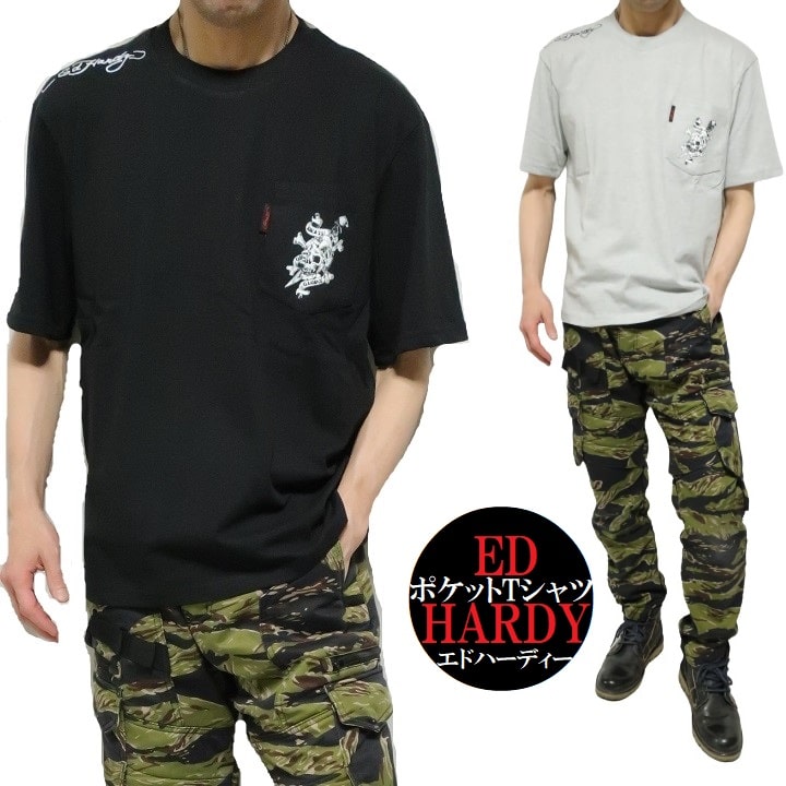 エドハーディー ed hardy Tシャツ スカルtシャツ メンズ ポケット tシャツ プリント 半袖 カットソー ブラック グレー 正規ライセンス サイズM-XL