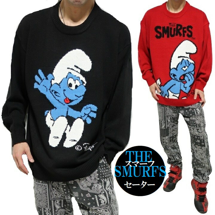 スマーフ/キャラクター セーター ニット メンズ 服 長袖 オーバーサイズ グッズ THE SMURFS 長袖 キャラクター ブラック/レッド