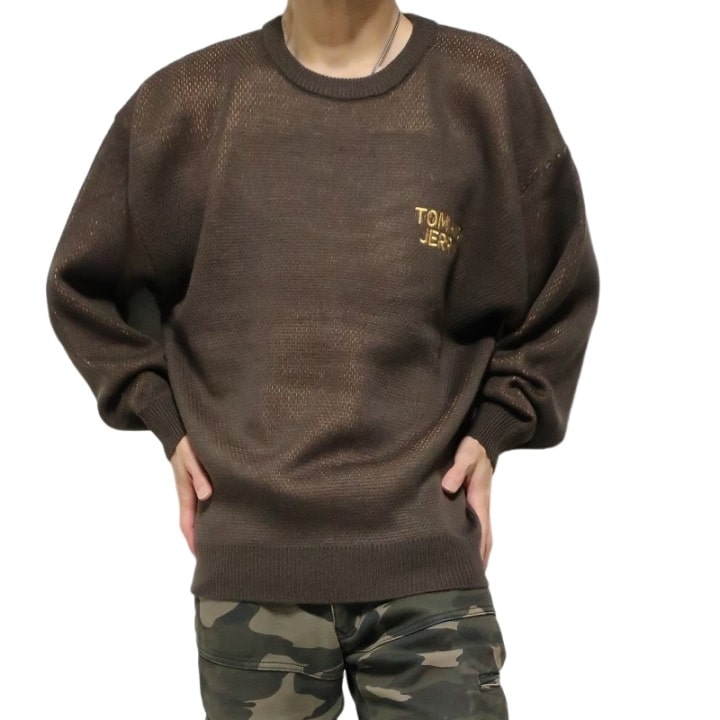 トムとジェリー ニット/セーター 長袖 服 グッズ 厚手 メンズ/レディース/ユニセックス オーバーサイズ 刺繍ロゴ TOM & JERRY キャラクター 通販 ブラウン/アイボリー 公式ライセンス