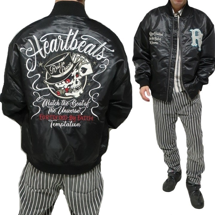 MA-1 ma1 メンズ ジャケット スカル/ドクロ 刺繍 中綿/ツイル オーバーサイズ ヘビーツイル ブラック/カーキ サイズM/サイズL