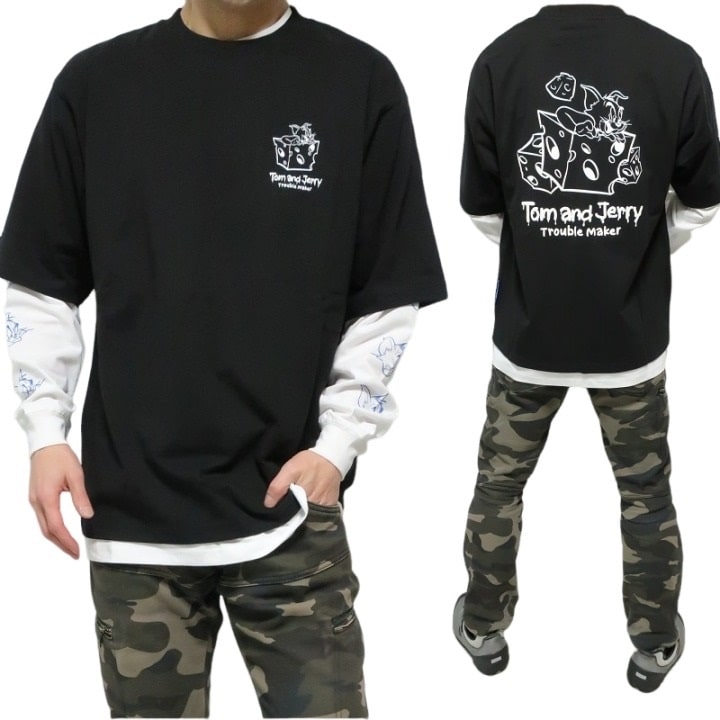 トムとジェリー Tシャツ ロンT セット TOM & JERRY 半袖/長袖/2枚セット メンズ/レディース 発砲プリント カットソー ブラックXホワイト オートミールXホワイト