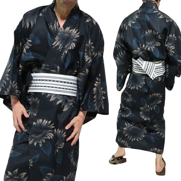 浴衣 メンズ セット ゆかた/帯/2点セット 帯は選べる2種類 ひまわり/向日葵 和柄/和風 服 メンズ 通販 祭り おしゃれ ユカタ 紳士 黒/紺 お祭り 花火 メンズファッション 和服 ブラック/ネイビー サイズM-L-XL