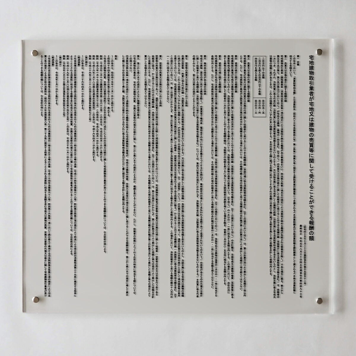 宅建報酬額票(令和6年7月改訂版)アクリル置き型(自立式)/ 店舗 事務所用看板 文字入れ 名入れ 別注品 特注品 看板 法定看板 許可票 建設業の許可票