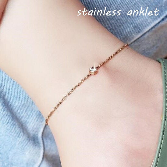 Women's Stainless Steel Anklet, Simple, Adult, Cute, Cubic Zirconia, Single Stone, Pink Gold, Stylish, Elegant Jewelry (at022)
