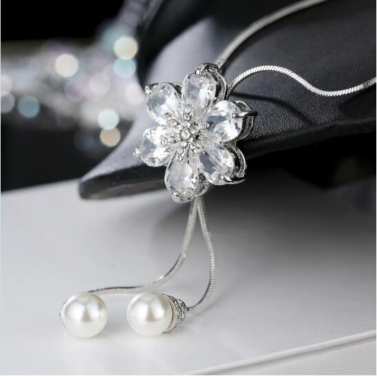 ロングネックレス キュービックジルコニア ネックレス ロング フラワー ラリエット ラリエットネックレス ロングペンダント 結婚式 入学式 パーティ lg006(4.0)