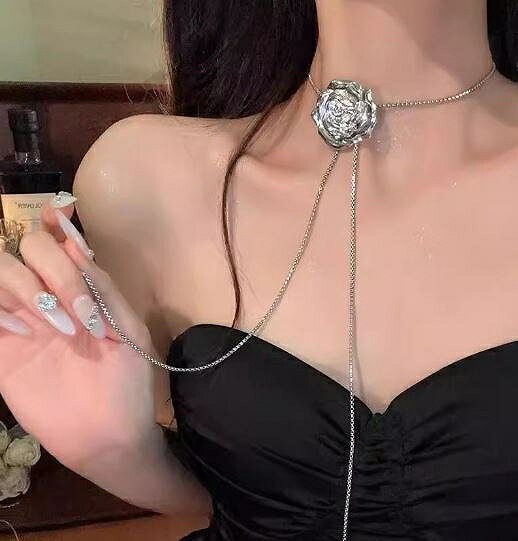 ロングネックレス レディース 大人 シンプル フラワー ネックレス シルバー ロングペンダント ウェディング 結婚式 卒業式 入学式 パーティ lg016