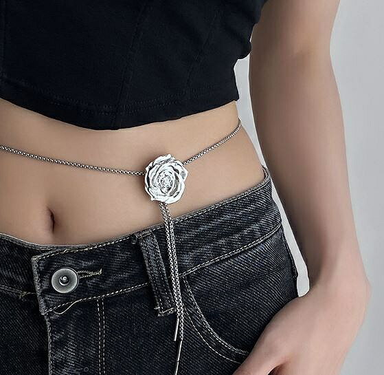 チェーン ベルト おしゃれ 可愛い レディース チェーンベルト シルバー フラワー 花 ダンス パーティ 長さ調節可能 ネックレスとしてもお使い頂けます lg0...