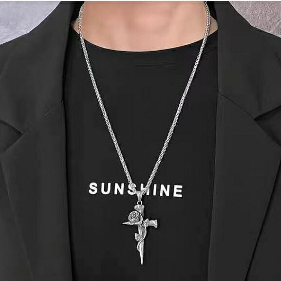 クロス ネックレス バラ 薔薇 アンティーク シルバーネックレス ペンダント メンズ レディース チェーンは1cm単位で調整致します pt076