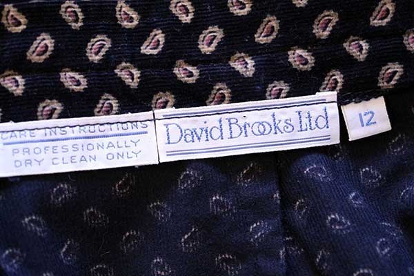 70s David Brooks ペイズリー 総柄 プリントコーデュロイ スカート 紺 12【レディース】【オールド】【ビンテージ】【USA製】【アメリカ】【古着】【中古】