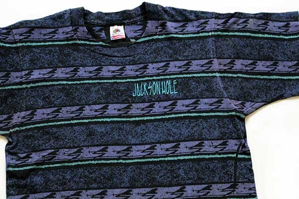 90s USA製 JACKSON HOLE 発泡ロゴ スキー 総柄 手刷り オールオーバー コットンTシャツ M【中古】