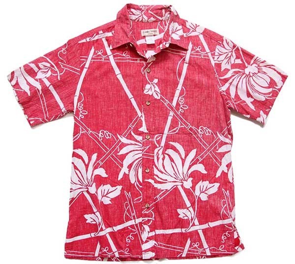 USA製 Cooke Street バンブー×フラワー柄 裏生地 コットン アロハシャツ 赤 M【中古】