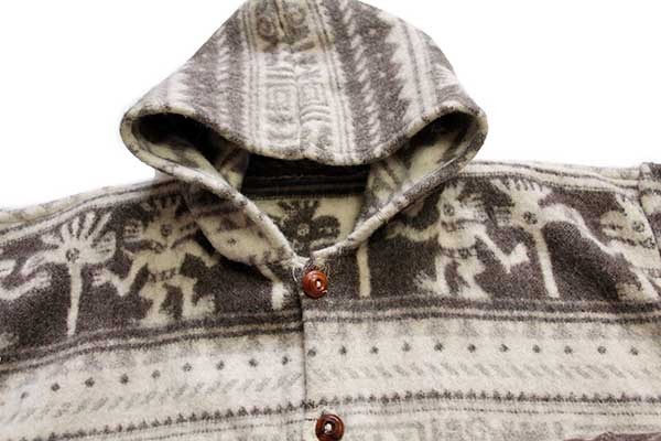 80s UNKNOWN フォークロア柄 ウール ブランケット パーカー★B【中古】