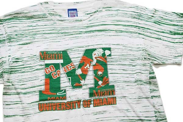 90s USA製 UNIVERSITY OF MIAMI HURRICANS マスコット ランダムライン オールオーバープリント コットンTシャツ