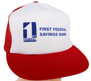 90s FIRST FEDERAL SAVINGS BANK ツートン 切り替え メッシュキャップ 赤×白【中古】