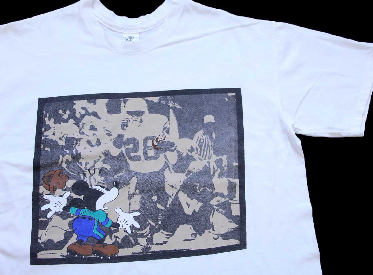 90s USA製 DISNEYディズニー ミッキー マウス アメフト アート ダメージ コットンTシャツ 白★特大【中古】