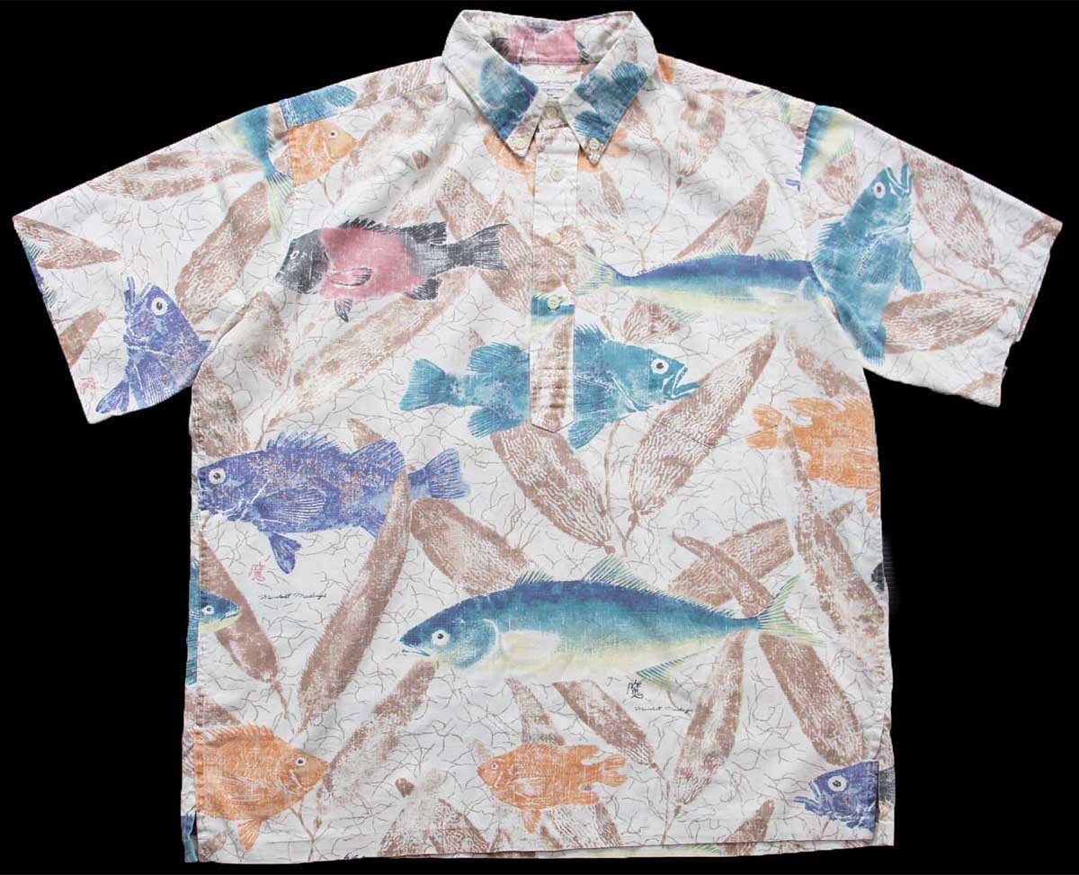 90s Marshall Madruga COLLECTION by REYN SPOONER レインスプーナー アート 三点留めボタンダウン プルオーバー 裏生地 アロハシャツ【中古】