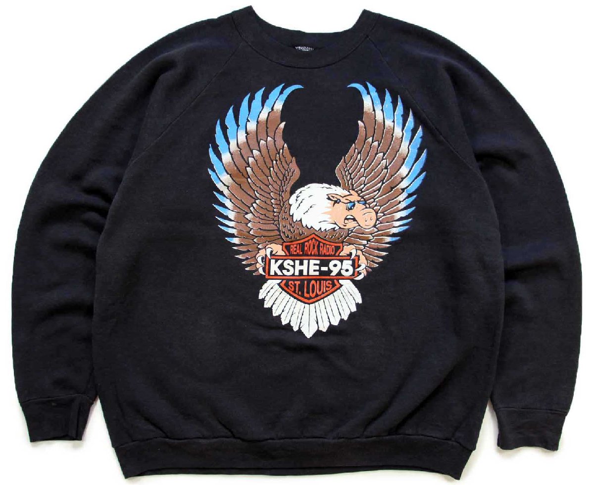 80s USA製 KSHE-95 REAL ROCK RADIO ハーレー モチーフ スウェット 黒 フェード XL【中古】