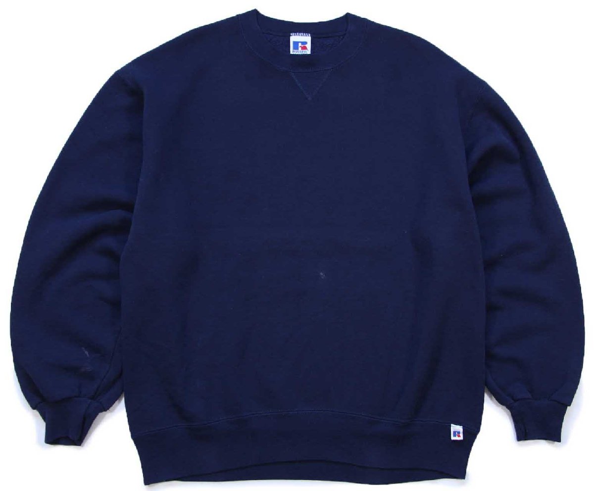 90s USA製 RUSSELLラッセル 無地 前V スウェット 紺 L★ブランク【中古】
