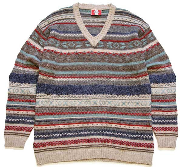 90s イタリア製 CiAO ラグ柄 編み柄 Vネック アクリル×ウール×アルパカニット セーター XLのサムネイル