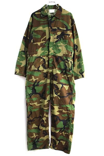 80s UNKNOWN 月桂樹ボタン ウッドランドカモ オールインワン M★つなぎ【中古】