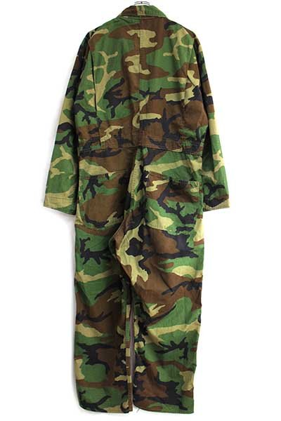 80s UNKNOWN 月桂樹ボタン ウッドランドカモ オールインワン M★つなぎ【中古】