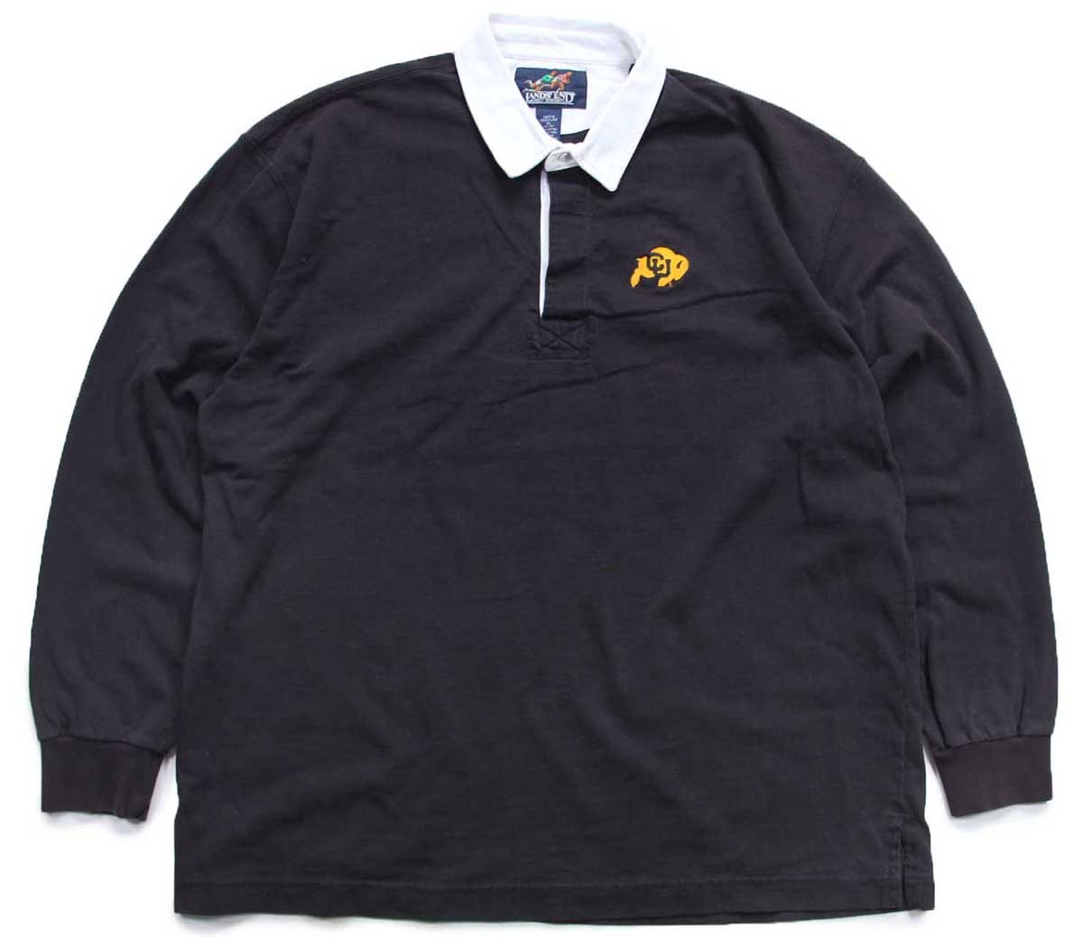90s LANDS'ENDランズエンド CU COLORADO BUFFALOES 刺繍 コットン ラガーシャツ 黒 XL【中古】