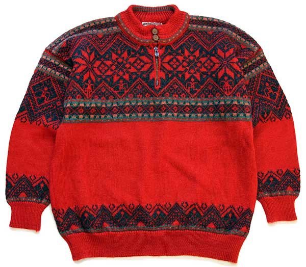 00s ノルウェー製 DALE OF NORWAY 雪柄 ノルディック柄 ハーフジップ ウールニット セーター 赤 XL 【中古】