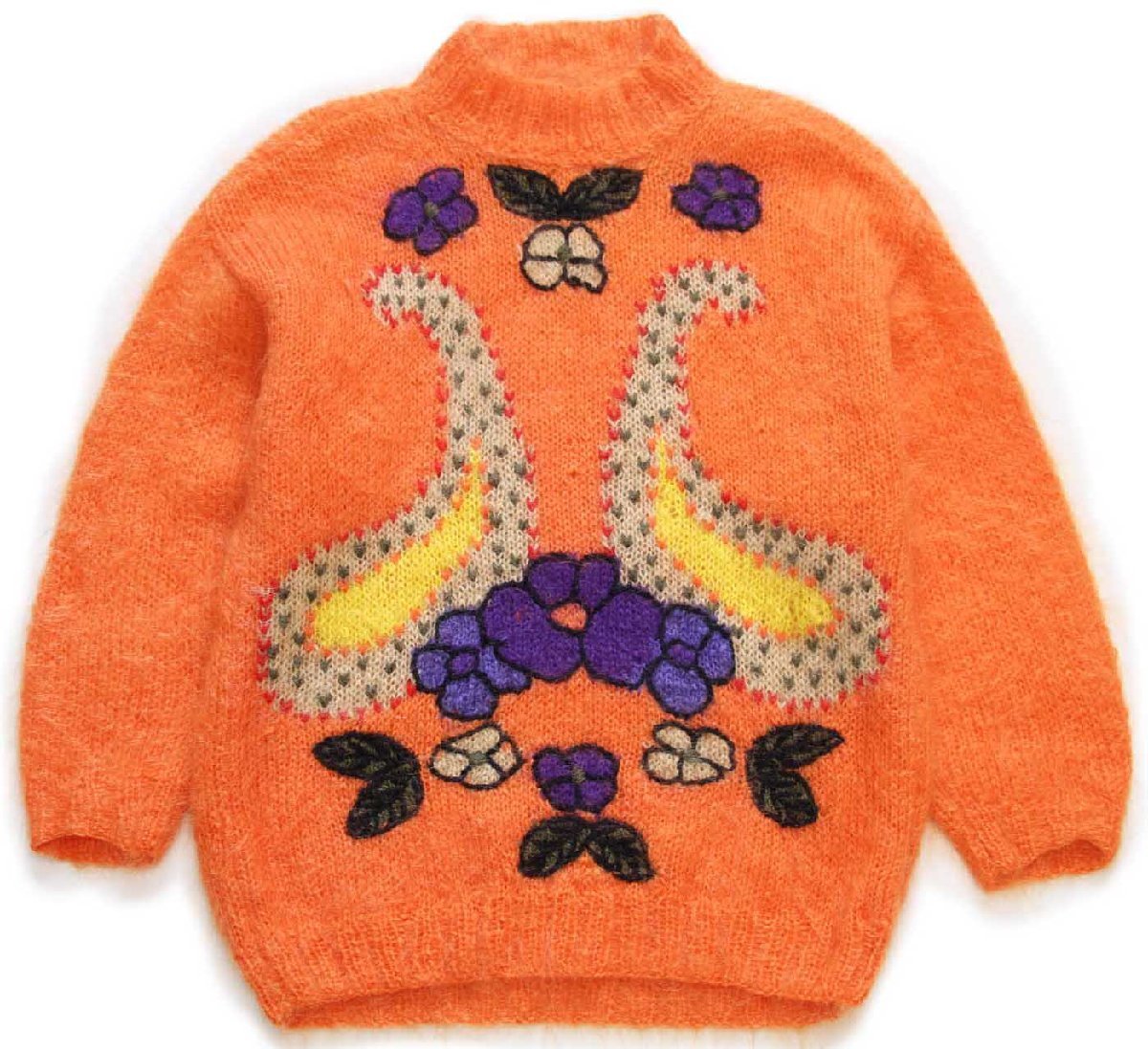 90s イタリア製 ペイズリー フラワー 刺繍 モックネック モヘヤ×ウールニット セーター オレンジ 【中古】