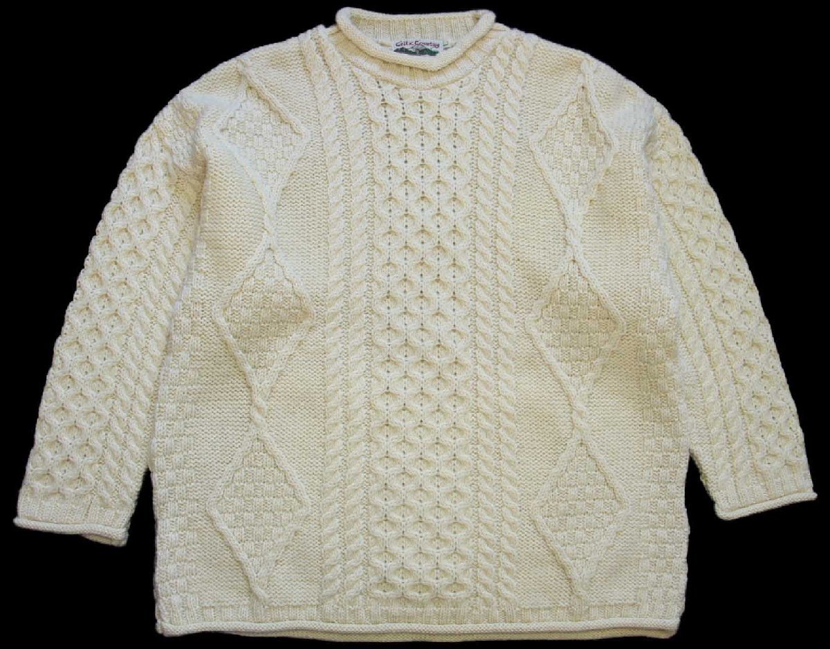 アイルランド製 Celtic Country ロールネック ケーブル編み ウールニット セーター ナチュラル L 【中古】