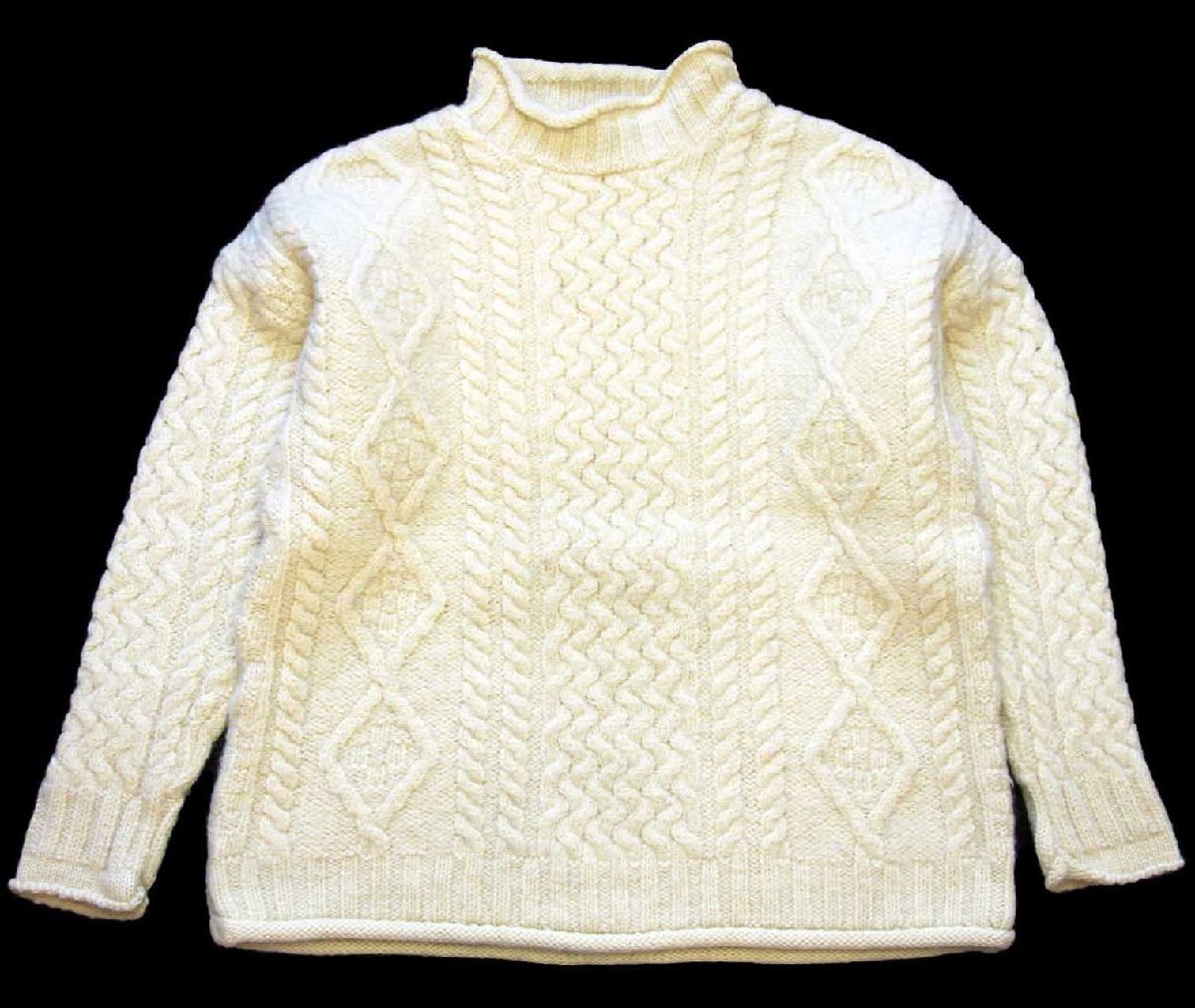アイルランド製 aran crafts ロールネック ケーブル編み ウールニット セーター ナチュラル S 【中古】