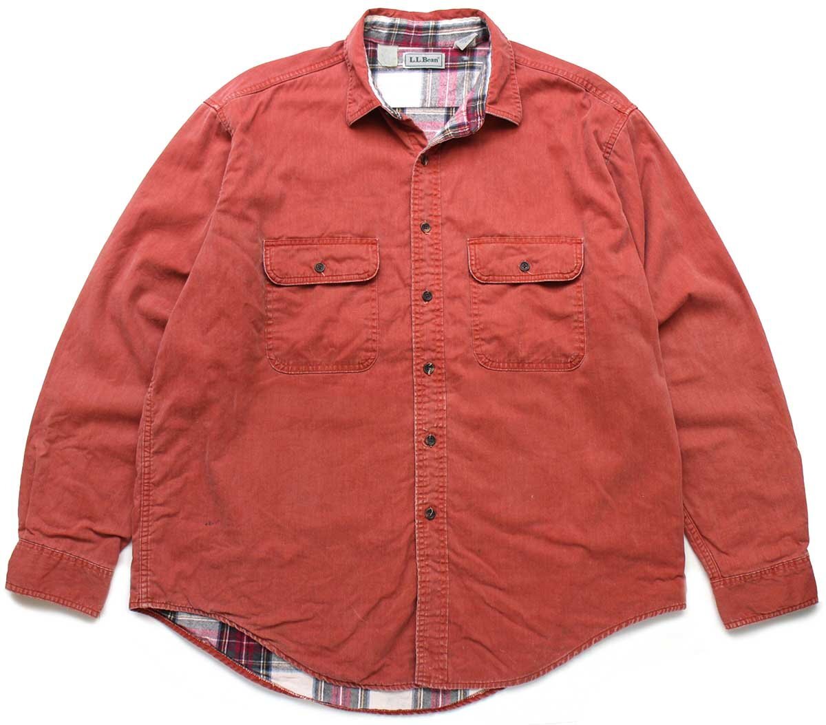 90s カナダ製 L.L.Bean タータンチェック ネルライナー コットン ラインドハリケーンシャツ レンガ XL..