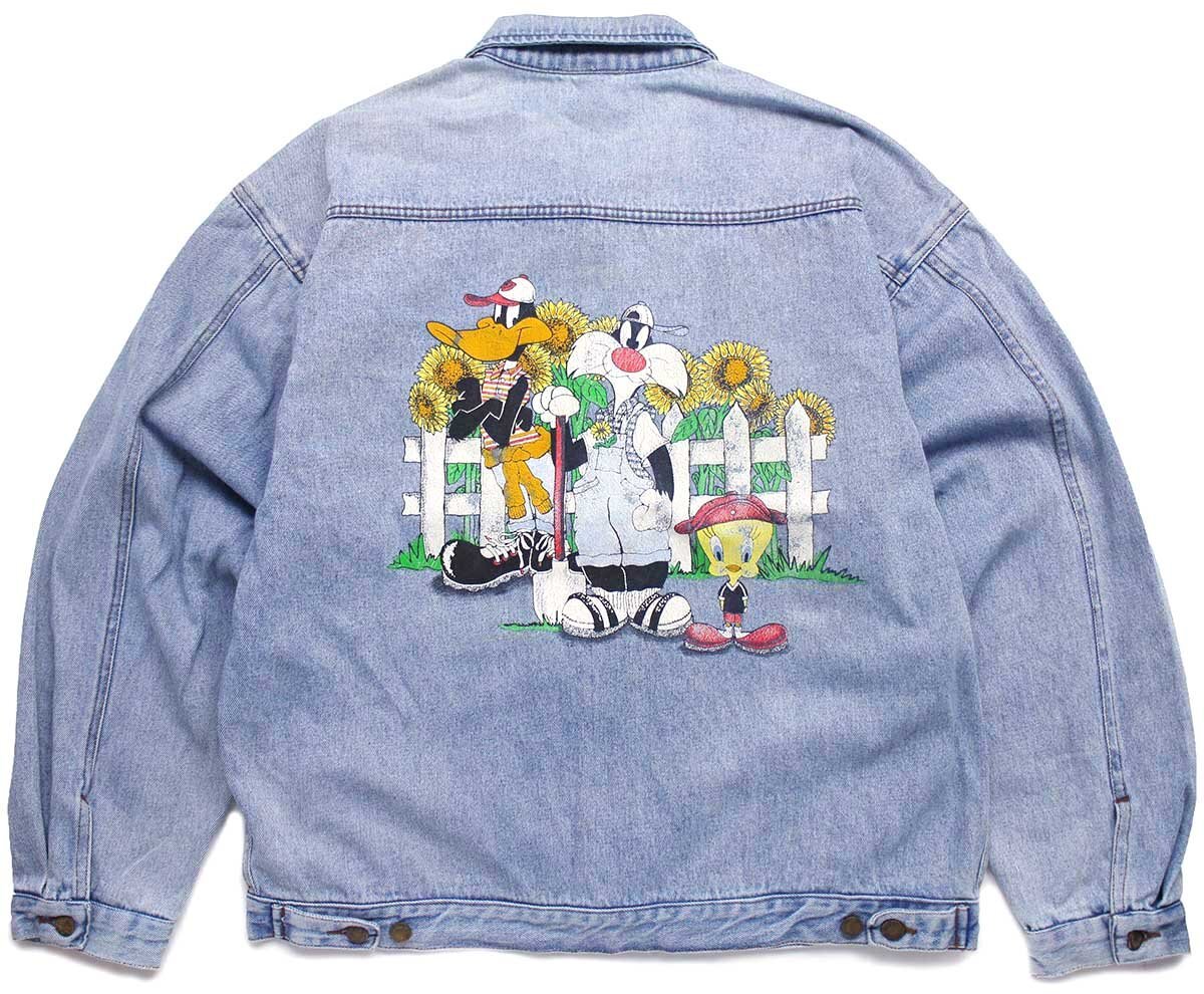 90s LOONEY TUNES ダフィーダック シルベスター トゥイーティー パッチ付き デニムジャケット 4ポケット XL 