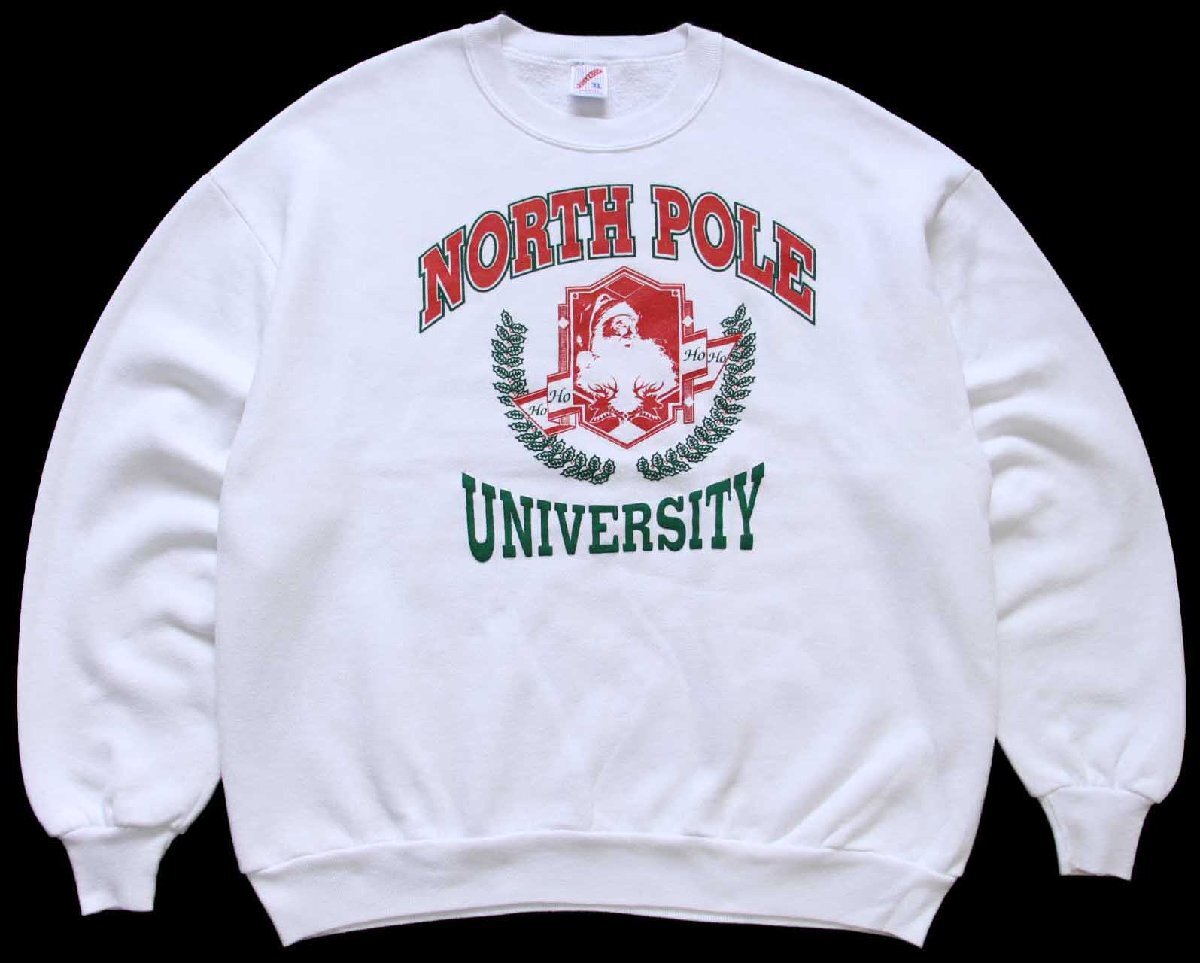 80s USA製 NORTH POLE UNIVERSITY HO HO HO HO サンタクロース スウェット 白 XL 【中古】