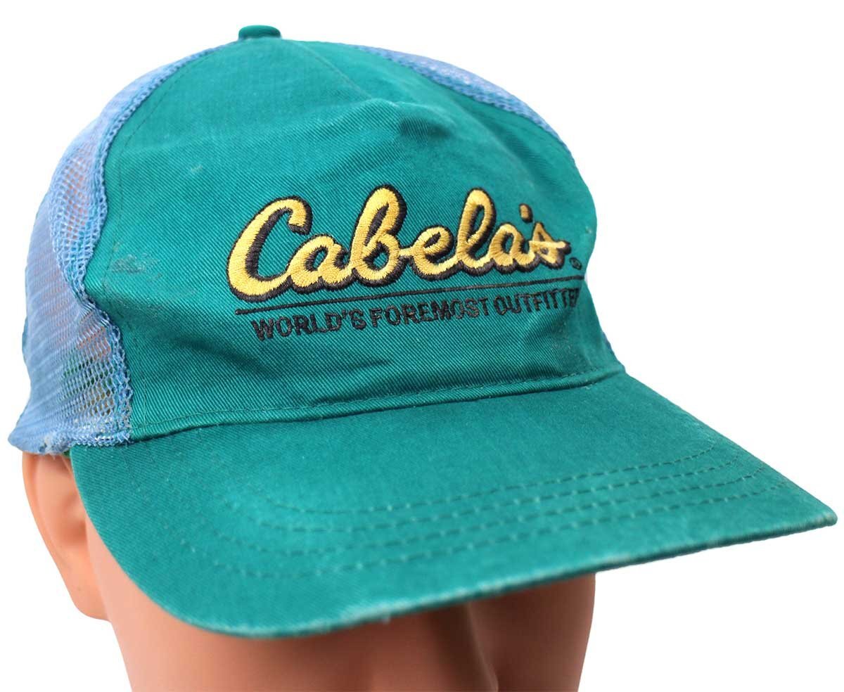 90s Cabela'sカベラス WORLD'S FOREMOST OUTFITTER ロゴ刺繍 ツートン 切り替え メッシュキャップ 緑×水色