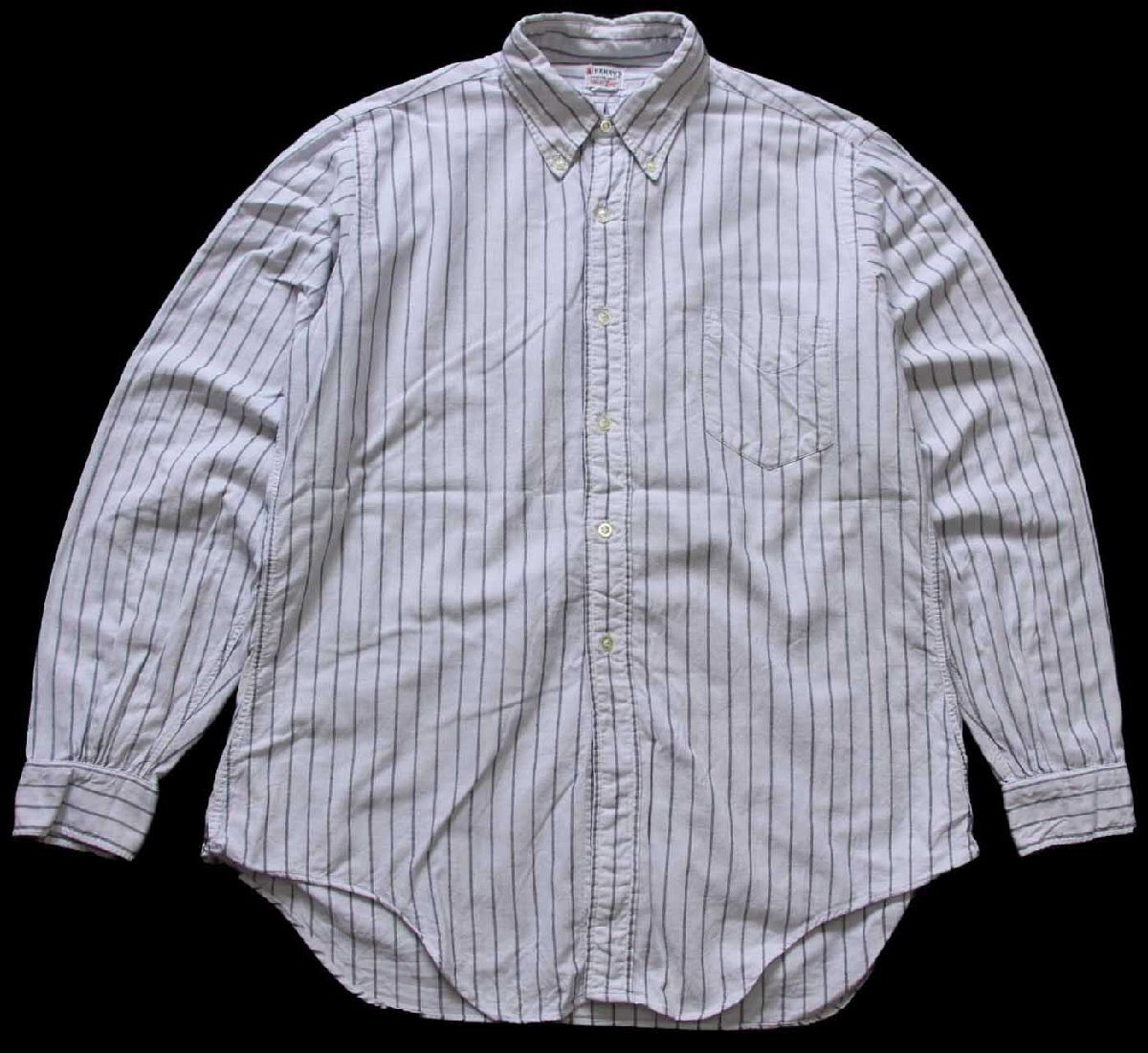 60s KERRY'S Enro 6ボタン ストライプ 三点留め ボタンダウン オックスフォード コットンシャツ ライトグレー×薄黒 16【中古】