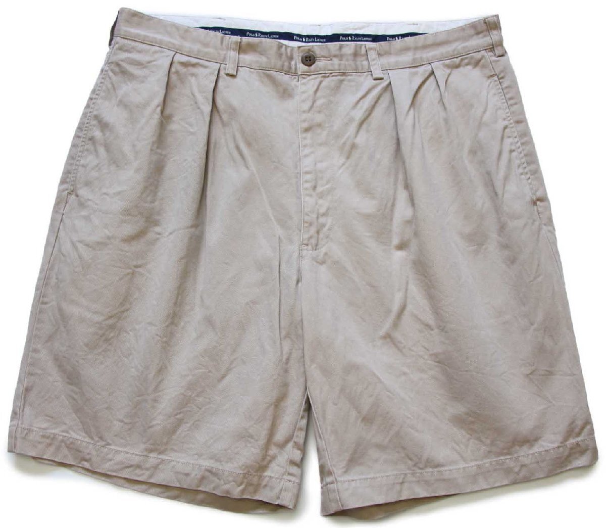 90s ポロ ラルフローレン TYLER SHORT ツータック コットン チノ ショートパンツ カーキ 38★100 ショーツ 【中古】