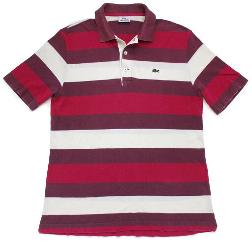 00s LACOSTEラコステ マルチ太ボーダー 鹿の子 ポロシャツ ワインレッド×赤紫×白 5★243 【中古】 00s LACOSTEラコステ マルチ太ボーダー 鹿の子 ポロシャツ ワインレッド×赤紫×白 5★243 【中古】