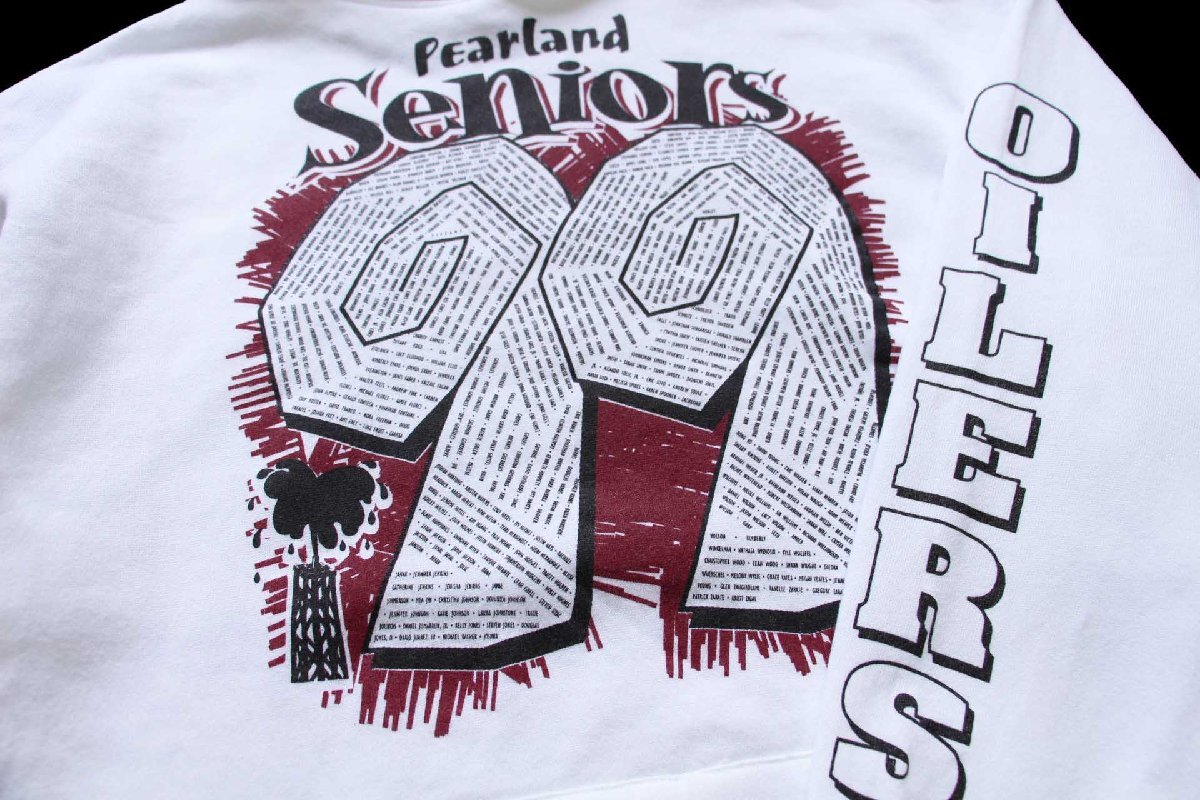 00s USA製 PEARLAND OILERS Seniors 99 胸&袖プリント スウェットパーカー 白 L【中古】