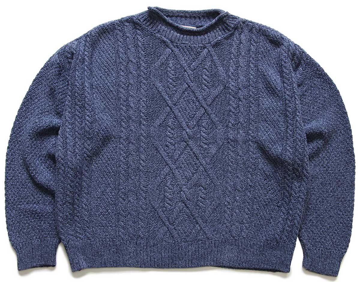 80s USA製 RED HEADレッドヘッド ロールネック ケーブル編み コットン×アクリルニット セーター インディゴ W-L 【中古】