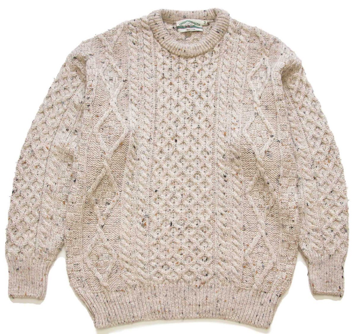 アイルランド製 aran crafts ケーブル編み ネップ入り ウールニット セーター グレーベージュ M★B【中古】