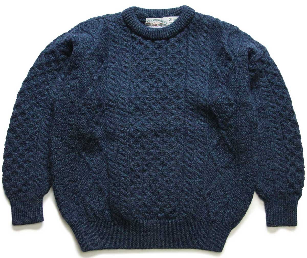 アイルランド製 aran crafts ケーブル編み ウールニット セーター 緑×ナス紺 ミックス M【中古】