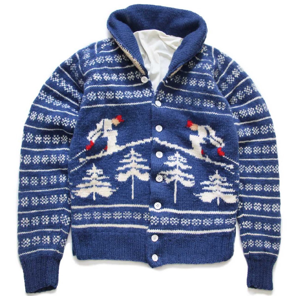 ビンテージ スキー柄 ショールカラー ウール ハンドニット カーディガン【中古】