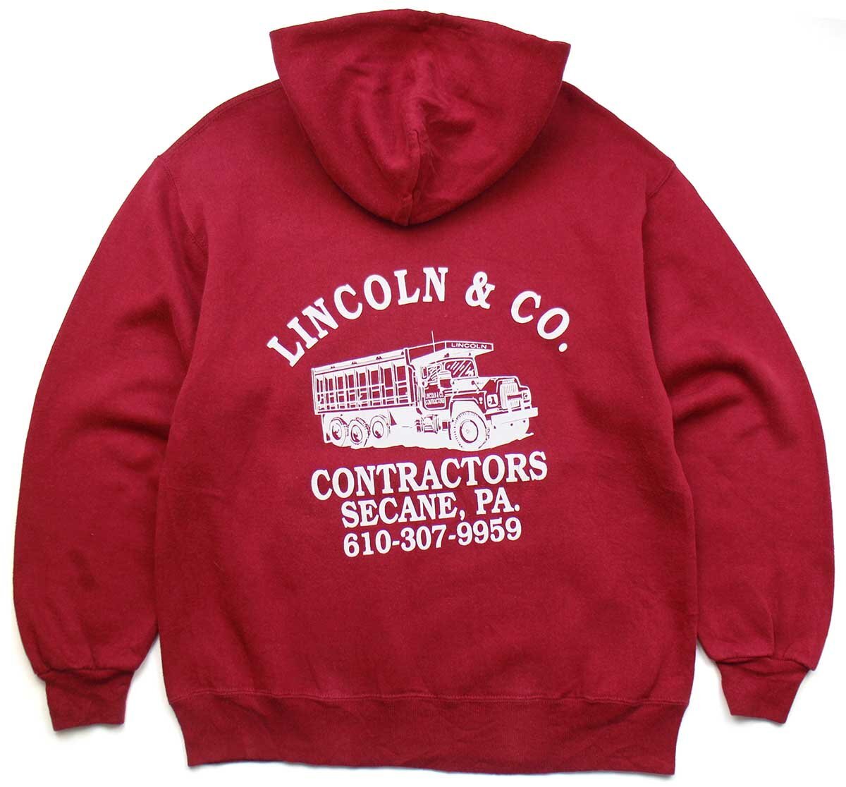 90s USA製 RUSSELLラッセル LINCOLN&CO. CONTRACTORS トラック バックプリント スウェットパーカー ワインレッド L【中古】