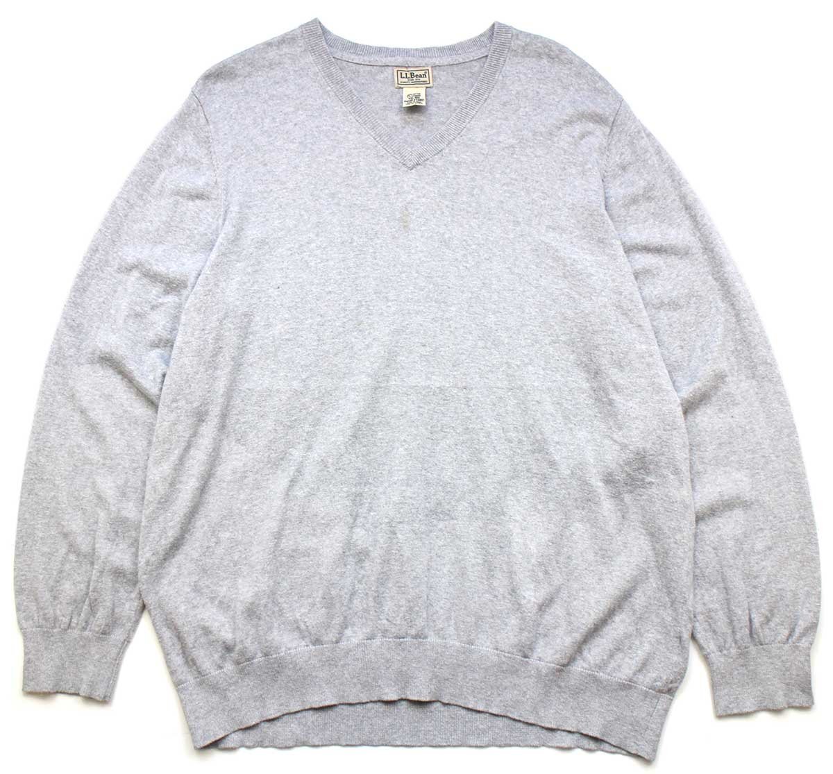 L.L.Bean 無地 Vネック コットン×カシミヤニット セーター グレー XXL★特大【中古】