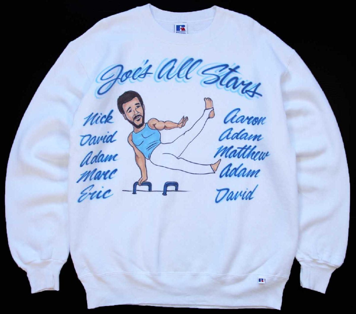 90s USA製 RUSSELLラッセル あん馬 エアブラシ アート 前V スウェット 白 L【中古】